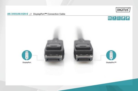 Kabel połączeniowy DisplayPort z zatrzaskami 8K 30Hz UHD Typ DP/DP M/M czarny 2m Digitus