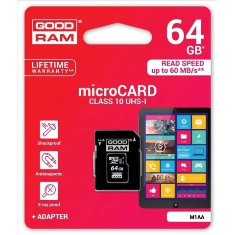 Karta pamięci microSD 64GB CL10 UHS I + adapter GOODRAM Karta pamięci microSD 64GB CL10 UHS I + adapter GOODRAM