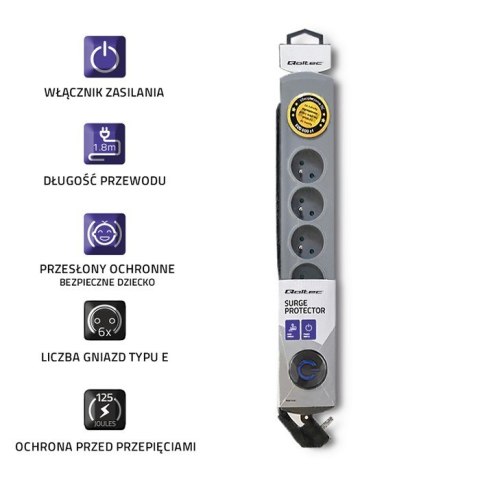 Listwa antyprzepięciowa Quick Switch, 6 gniazd, 1,8m, szara Qoltec Listwa antyprzepięciowa Quick Switch, 6 gniazd, 1,8m, szara Qoltec