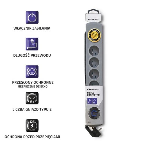 Listwa antyprzepięciowa Quick Switch, 6 gniazd, 3m, szara Qoltec Listwa antyprzepięciowa Quick Switch, 6 gniazd, 3m, szara Qoltec