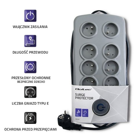 Listwa antyprzepięciowa Quick Switch, 8 gniazd, 2,5m, szara Qoltec Listwa antyprzepięciowa Quick Switch, 8 gniazd, 2,5m, szara Qoltec
