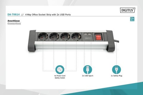 Listwa zasilająca biurowa 45° 4 gniazdowa, 2x USB (5V/2A) z możliwością obrotu o 290° aluminiowa HQ Digitus