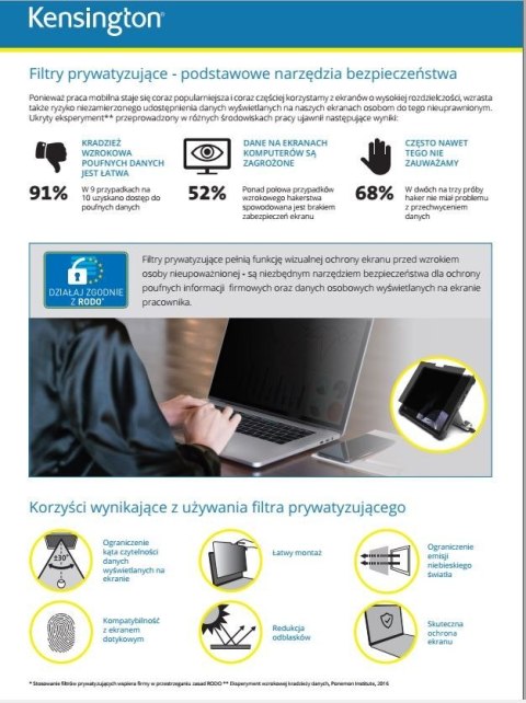 Filtr prywatyzujący 2-stronny, zdejmowany, do monitora 14.1 cala 16:9 Kensington