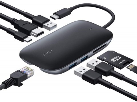 CB-C71 aluminiowy HUB USB-C | 8w1 | RJ45 Ethernet 10/100/1000Mbps | 3xUSB 3.1 | HDMI 4k@30Hz | SD i microSD | USB-C Power Delive AUKEY