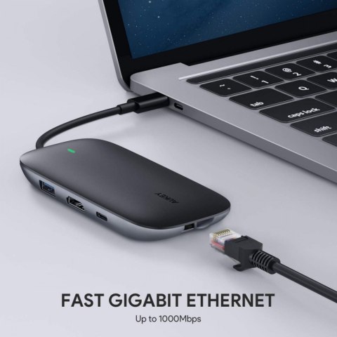 CB-C71 aluminiowy HUB USB-C | 8w1 | RJ45 Ethernet 10/100/1000Mbps | 3xUSB 3.1 | HDMI 4k@30Hz | SD i microSD | USB-C Power Delive AUKEY