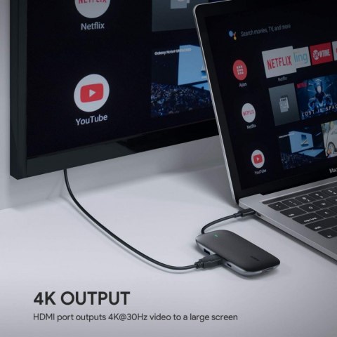 CB-C71 aluminiowy HUB USB-C | 8w1 | RJ45 Ethernet 10/100/1000Mbps | 3xUSB 3.1 | HDMI 4k@30Hz | SD i microSD | USB-C Power Delive AUKEY