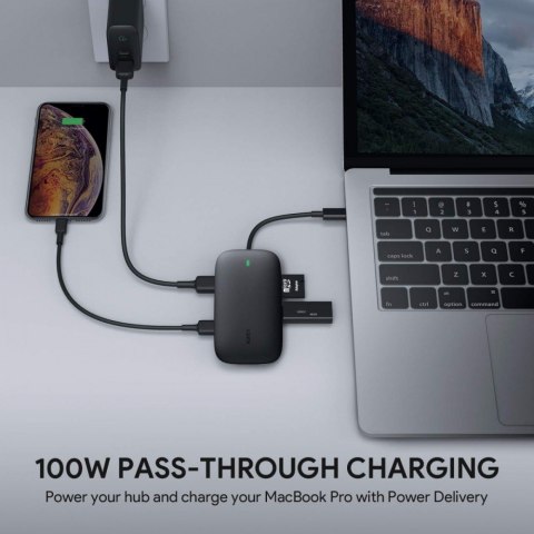 CB-C71 aluminiowy HUB USB-C | 8w1 | RJ45 Ethernet 10/100/1000Mbps | 3xUSB 3.1 | HDMI 4k@30Hz | SD i microSD | USB-C Power Delive AUKEY