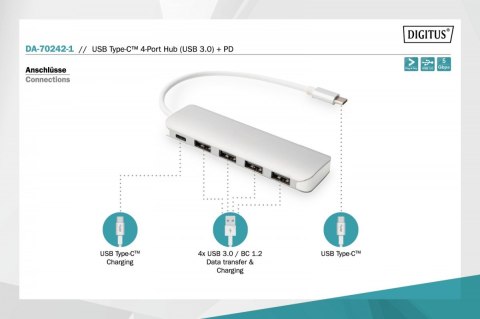 HUB/Koncentrator 4-portowy USB 3.0 SuperSpeed z Typ C Power Delivery, aluminium Digitus