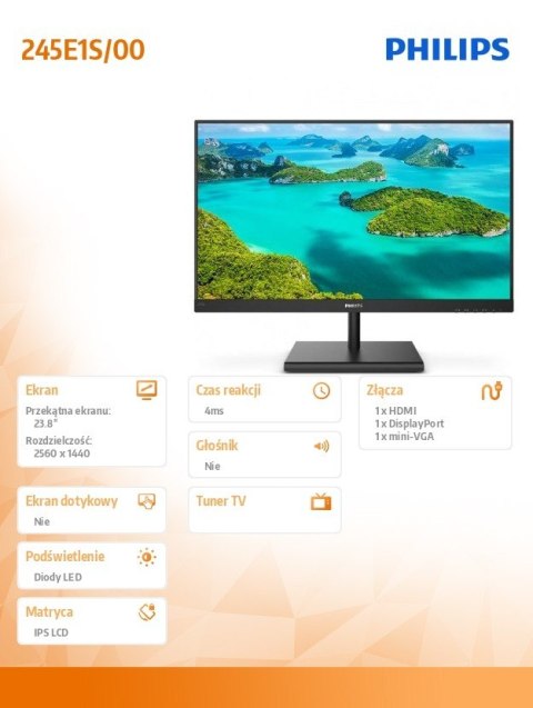 Monitor 245E1S 23.8 cala IPS HDMI DP FreeSync Philips Monitor 245E1S 23.8 cala IPS HDMI DP FreeSync Philips