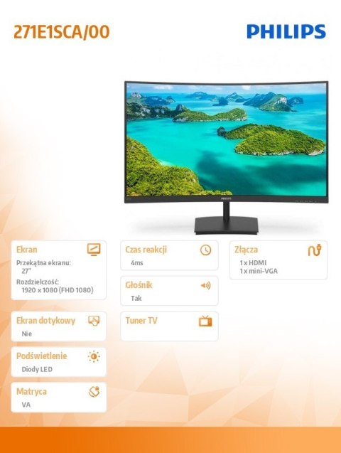 Monitor 271E1SCA 27 cali Curved VA HDMI FreeSync Philips Monitor 271E1SCA 27 cali Curved VA HDMI FreeSync Philips