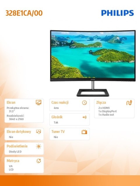 Monitor 328E1CA 31.5 cala Curved VA 4K HDMIx2 DP Philips
