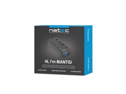 Hub USB 4 porty Mantis 2 USB 3.0 z włącznikiem + zasilacz Natec Hub USB 4 porty Mantis 2 USB 3.0 z włącznikiem + zasilacz Natec