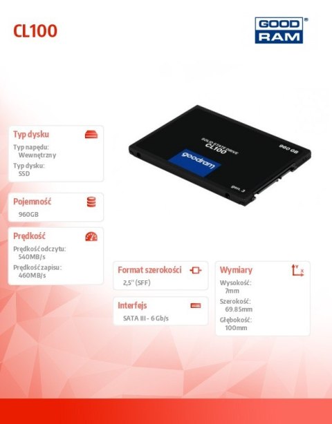 Dysk SSD CL100 G3 960GB SATA3 2,5 GOODRAM Dysk SSD CL100 G3 960GB SATA3 2,5 GOODRAM