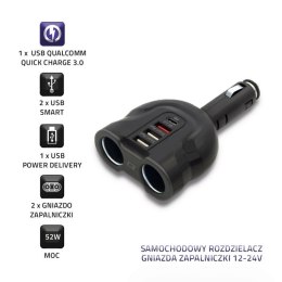 Samochodowy rozdzielacz gniazda zapalniczki 12-24V | 52W | 2.4A |2xUSB | USB QC 3.0 | USB-C PD | 2xgniazdo zapalniczki Qoltec