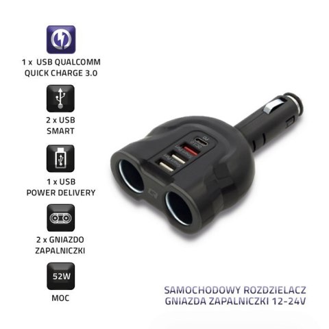 Samochodowy rozdzielacz gniazda zapalniczki 12-24V | 52W | 2.4A |2xUSB | USB QC 3.0 | USB-C PD | 2xgniazdo zapalniczki Qoltec Samochodowy rozdzielacz gniazda zapalniczki 12-24V | 52W | 2.4A |2xUSB | USB QC 3.0 | USB-C PD | 2xgniazdo zapalniczki Qoltec