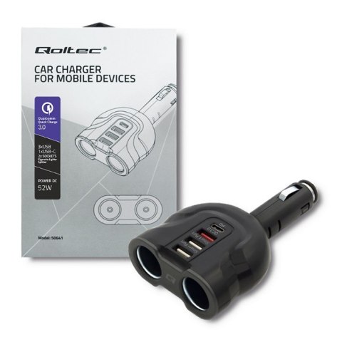 Samochodowy rozdzielacz gniazda zapalniczki 12-24V | 52W | 2.4A |2xUSB | USB QC 3.0 | USB-C PD | 2xgniazdo zapalniczki Qoltec Samochodowy rozdzielacz gniazda zapalniczki 12-24V | 52W | 2.4A |2xUSB | USB QC 3.0 | USB-C PD | 2xgniazdo zapalniczki Qoltec