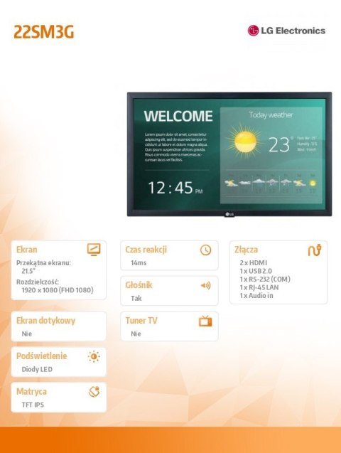 Monitor 22 cale 22SM3G 250cd/m2 16/7 LG Electronics Monitor 22 cale 22SM3G 250cd/m2 16/7 LG Electronics