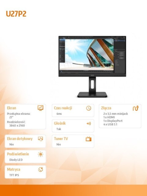 Monitor 27 cali U27P2 IPS 4k HDMI DP USB Pivot