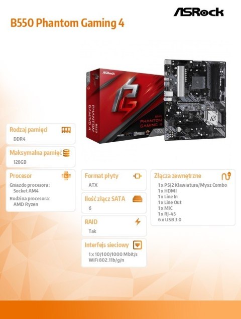 Płyta główna B550 Phantom Gaming 4 AM4 4DDR4 HDMI M.2 ATX ASRock