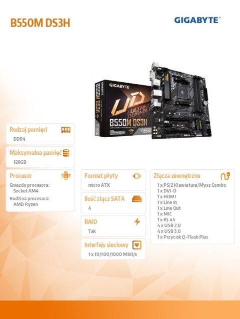 Płyta główna B550M DS3H AM4 4DDR4 HDMI/DVI M.2 USB3.2 mATX Gigabyte Płyta główna B550M DS3H AM4 4DDR4 HDMI/DVI M.2 USB3.2 mATX Gigabyte