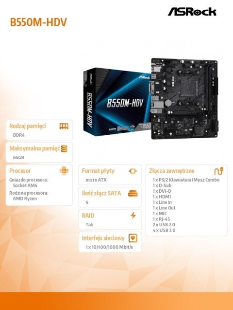 Płyta główna B550M-HDV AM4 2DDR4 HDMI/DVI/D-SUB M.2 mATX ASRock Płyta główna B550M-HDV AM4 2DDR4 HDMI/DVI/D-SUB M.2 mATX ASRock