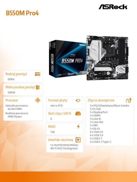 Płyta główna B550M Pro4 AM4 4DDR4 HDMI/DP/D-SUB M.2 mATX ASRock Płyta główna B550M Pro4 AM4 4DDR4 HDMI/DP/D-SUB M.2 mATX ASRock