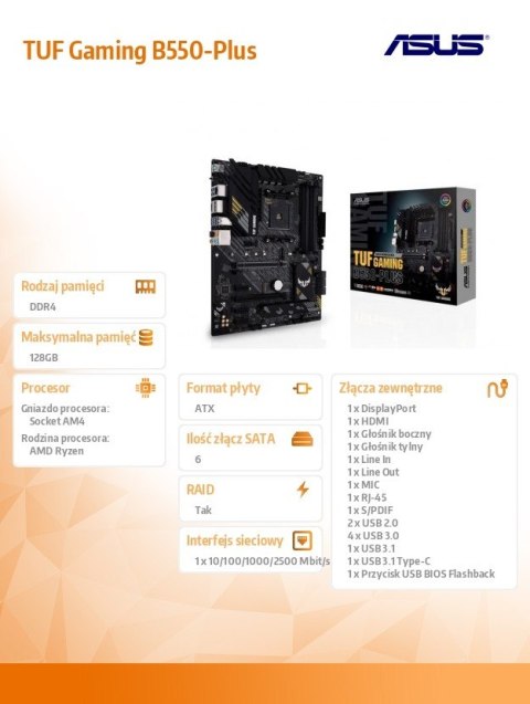 Płyta główna TUF GAMING B550-PLUS AM4 DDR4 HDMI/DP M.2 ATX Asus