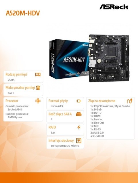 Płyta główna A520M-HDV AM4 2DDR4 HDMI/DVI/VGA M.2 mATX ASRock Płyta główna A520M-HDV AM4 2DDR4 HDMI/DVI/VGA M.2 mATX ASRock