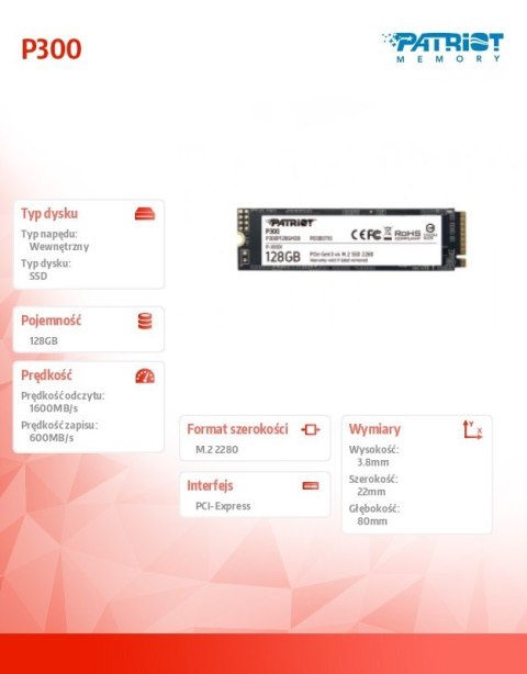 Dysk SSD P300 128GB M.2 PCIe Gen 3 x4 1600/600 Patriot