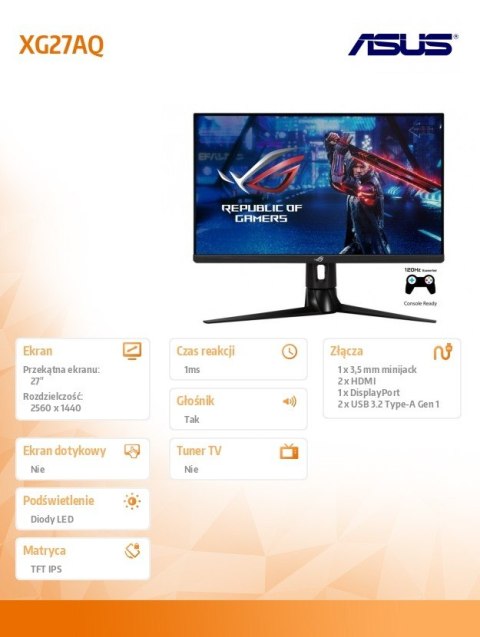 Monitor 27 cali XG27AQ ROG STRIX WQHD IPS 170Hz 1mGTG HDMIx2 DP USB3.0 Głośnik PIVOT Asus Monitor 27 cali XG27AQ ROG STRIX WQHD IPS 170Hz 1mGTG HDMIx2 DP USB3.0 Głośnik PIVOT Asus