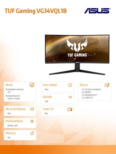 Monitor 34 cale VG34VQL1B UWQHD 21:9 1500R 165Hz 1MS HDMIx2 DPx2 USB3.1x4 Głośnik PBP PIP Asus