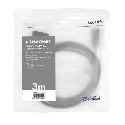Kabel DisplayPort 1.2 do DVI 3m Czarny LogiLink Kabel DisplayPort 1.2 do DVI 3m Czarny LogiLink