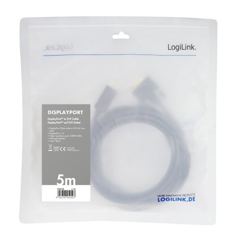 Kabel DisplayPort 1.2 do DVI 5m Czarny LogiLink Kabel DisplayPort 1.2 do DVI 5m Czarny LogiLink
