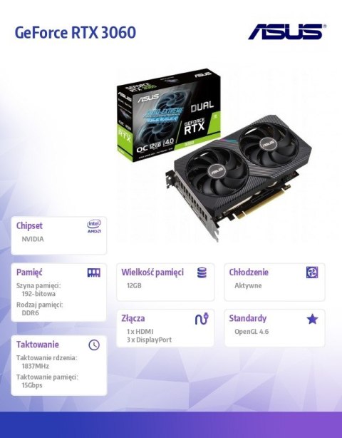 Karta graficzna GeForce RTX 3060 DUAL OC V2 12GB GDDR6 192bit 3DP/HDMI Asus