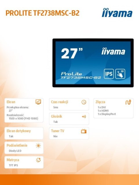 Monitor wielkoformatowy 27 cali TF2738MSC-B2 IPS,FHD,DVI,DP,HDMI,2x3W,poj.10p,IP1X IIYAMA