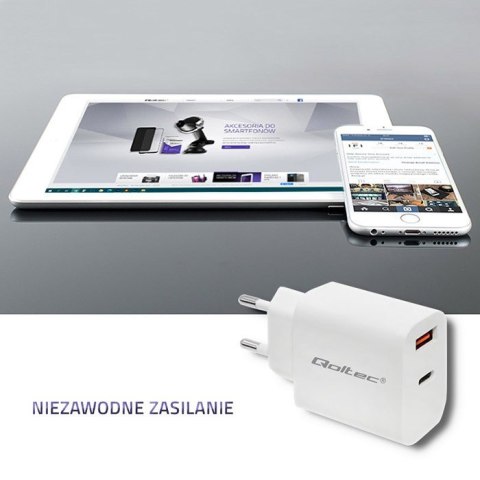 Ładowarka sieciowa | 18W | 5-12V | 1.5-3A | USB typ C PD | USB QC 3.0 | Biała Qoltec