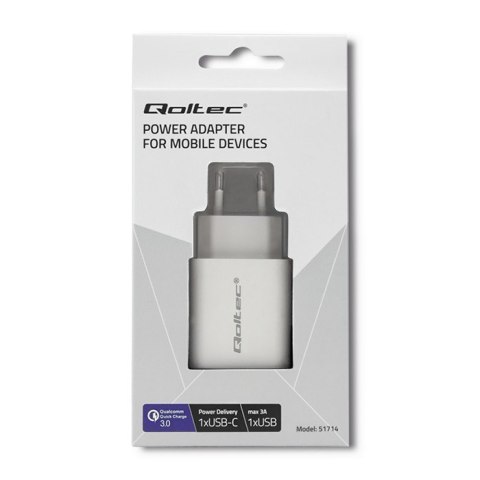 Ładowarka sieciowa | 18W | 5-12V | 1.5-3A | USB typ C PD | USB QC 3.0 | Biała Qoltec