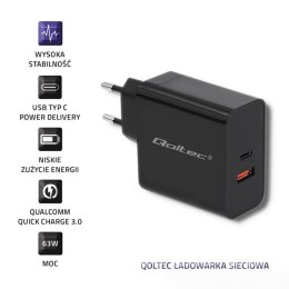 Ładowarka sieciowa | 63W | 5-20V | 1.5-3A | USB typ C PD | USB QC 3.0 | Czarna Qoltec