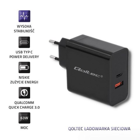 Ładowarka sieciowa | 63W | 5-20V | 1.5-3A | USB typ C PD | USB QC 3.0 | Czarna Qoltec Ładowarka sieciowa | 63W | 5-20V | 1.5-3A | USB typ C PD | USB QC 3.0 | Czarna Qoltec