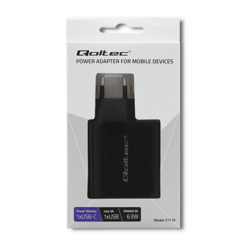 Ładowarka sieciowa | 63W | 5-20V | 1.5-3A | USB typ C PD | USB QC 3.0 | Czarna Qoltec Ładowarka sieciowa | 63W | 5-20V | 1.5-3A | USB typ C PD | USB QC 3.0 | Czarna Qoltec
