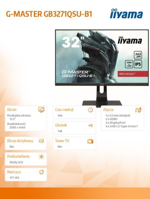 Monitor 31.5 cala GB3271QSU-B1 QHD,1ms,IPS,165Hz,HDMI,DP,400cd,FreeSync IIYAMA