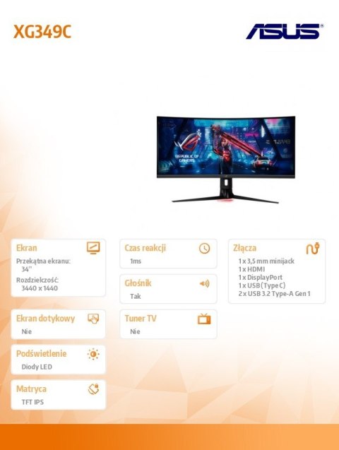Monitor 34 cale XG349C ROG STRIX UWQHD 144/180Hz IPS DP HDMI USB-C KVM 1900R Głośnik Asus