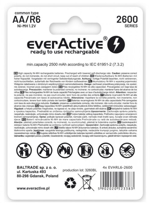 Akumulatory paluszki R6/AA 2600 mAH, blister 4 szt. EverActive Akumulatory paluszki R6/AA 2600 mAH, blister 4 szt. EverActive