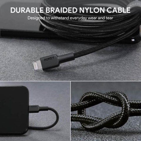 CB-AL05 kabel Lightning - USB-A 2m MFi Apple nylonowy oplot czarny AUKEY