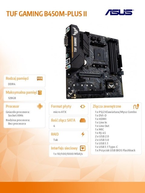 Płyta główna TUF B450M-PLUS II AM4 4DDR4 DVI/HDMI uATX Asus Płyta główna TUF B450M-PLUS II AM4 4DDR4 DVI/HDMI uATX Asus