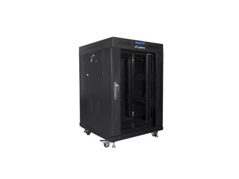 Szafa instalacyjna Rack stojąca 19 15U 600X600 czarna, drzwi sklane (flat pack) Lanberg