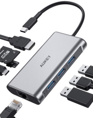 CB-C91 aluminiowy HUB USB-C | 8w1 | RJ45 Ethernet 10/100/1000Mbps | 3xUSB 3.1 | HDMI 4k@30Hz | SD i micro SD | USB-C Power Deliv AUKEY