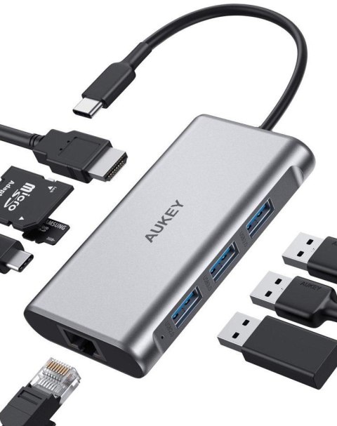 CB-C91 aluminiowy HUB USB-C | 8w1 | RJ45 Ethernet 10/100/1000Mbps | 3xUSB 3.1 | HDMI 4k@30Hz | SD i micro SD | USB-C Power Deliv AUKEY