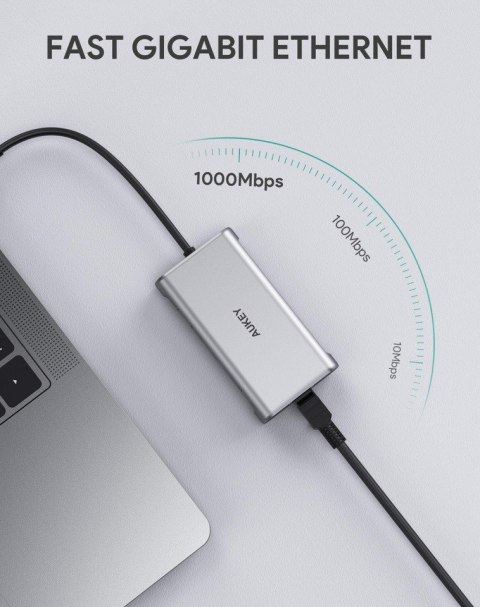 CB-C91 aluminiowy HUB USB-C | 8w1 | RJ45 Ethernet 10/100/1000Mbps | 3xUSB 3.1 | HDMI 4k@30Hz | SD i micro SD | USB-C Power Deliv AUKEY