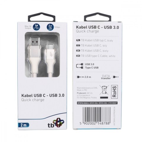 Kabel USB 3.0 - USB C 2m PREMIUM 3A biały TPE TB